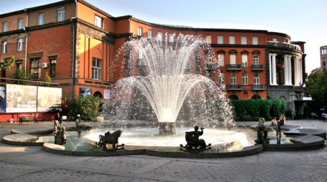 The Charles Aznavour square, fountain. Yerevan web Cam online